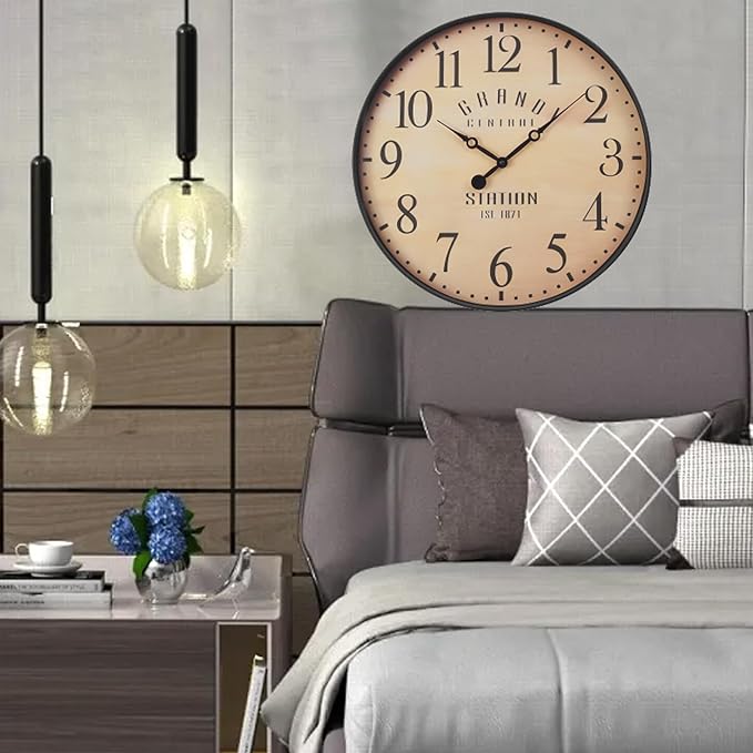 16 Inch Vintage Wall Clock, Silent Non-Ticking Quartz Battery Operated Decorative Clock for Home, Kitchen, Living Room, Dining Room, Office, Brown Arabic Number