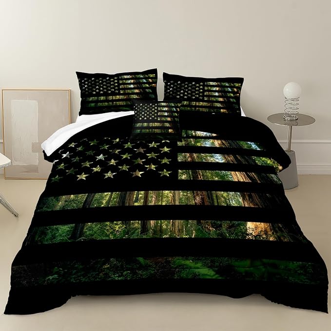 American Flag Comforter Set Queen Size Green Black Bedding Set Stars Stripes Geometric Pattern Green Camouflage Camo Farmhouse Western Bed Comforter Set for Boys Teens