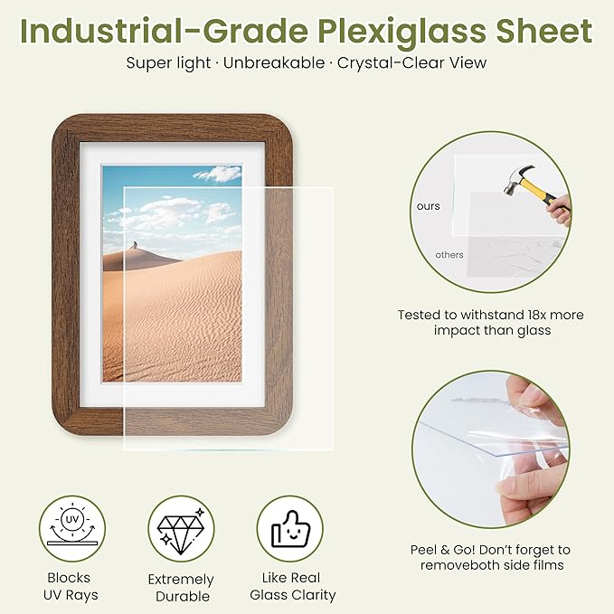 5x7 Round Corner Picture Frame, Solid Oak Photo Frame Matted For 4x6 With Plexiglass, Ready To Hang On Wall Or Stand As Tabletop Framing, Walnut, 1 Pack