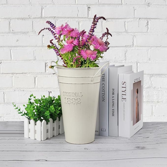 4 PCS 10 Inch Rustic Galvanized Flower Vases, Farmhouse French Buckets for Beautiful Floral Arrangements, Home Decor or Weddings and Events by GENHAKON
