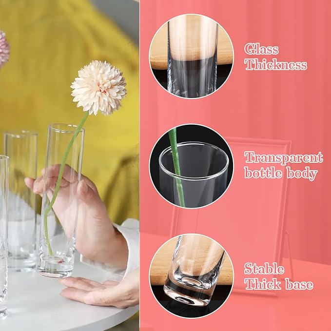JMIATRY Glass Cylinder Bud Vases Set of 12, Clear Cylinder Vases for Centerpieces Diameter 2 Inch, Height 8 Inch Tall Glass Flower Bud Vase in Bulk for Home Party Decoration