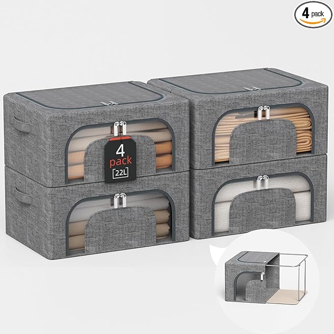 22L Stackable Clothes Storage Bins with Metal Frame, 4 Piece Stackable Clothes Organizer with Double Opening + Clear Window Design for Cabinets, Under Beds, Storage and Garage Gray