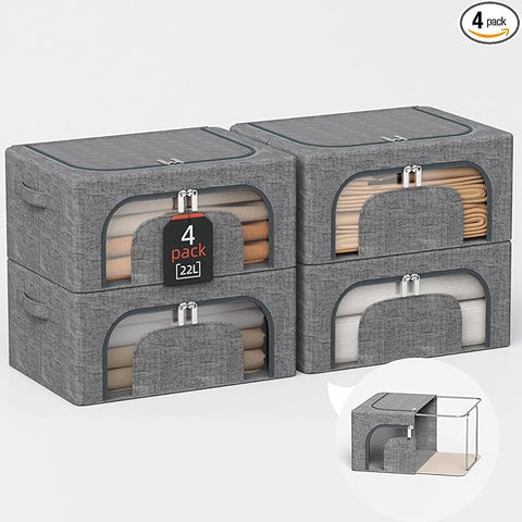 22L Stackable Clothes Storage Bins with Metal Frame, 4 Piece Stackable Clothes Organizer with Double Opening + Clear Window Design for Cabinets, Under Beds, Storage and Garage Gray