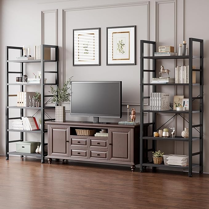 DUMOS 5 Tier Book Shelf Tall Modern Bookcase Set of 2 for Books, CDs, Movies, Storage and Organization Bookshelf Industrial Home Decor for Bedroom Office Kitchen Living Room, Black