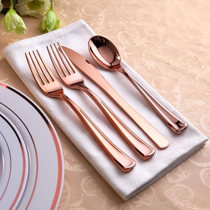 Supernal 400pcs Rose Gold Dinnerware,Rose Gold Plastic Plates,Wedding Decoration,Heavy Duty Disaposable Silverware, Disaposable Rim Cups, Easter Paper Napkins,Suit for Wedding, Birthday,Party