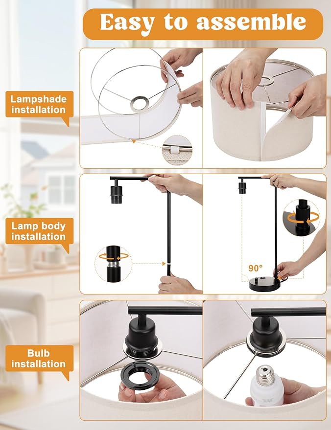 Tall Table Lamp with USB Port and Outlet, Dimmable Nightstand Bedside Lamps with Linen Lampshade, Desk Lamp for Bedroom, Living Room, Guest Room, Home Office, LED Bulb Included