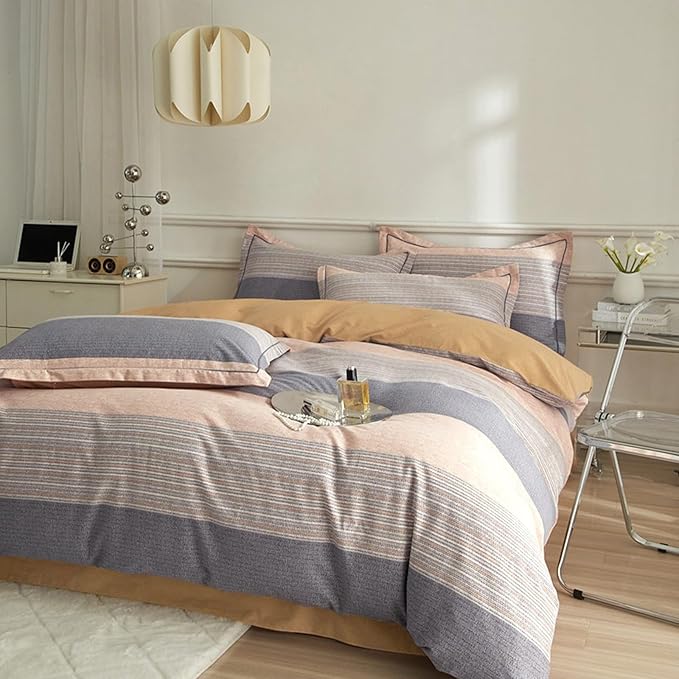 VM VOUGEMARKET Gray Stripes Duvet Cover Queen,100% Brushed Cotton Duvet Cover Matching 2 Pillow Shams,3 Pieces Burnt Orange Bedding Set Without Comforter-90x90 Inch
