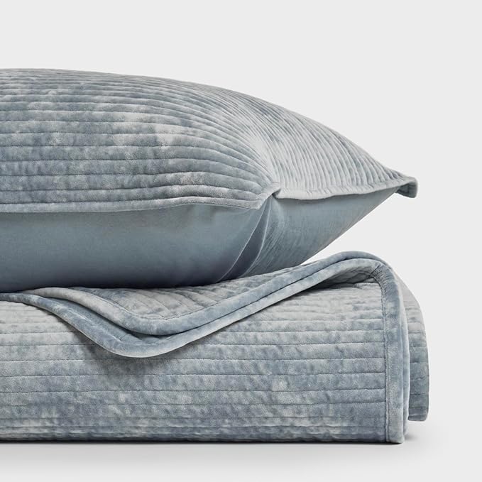 EVERGRACE Velvet Quilt Set King Size, Luxurious Soft Quilted Bedding Sets, Lightweight Velvet Comforter for All Season, Striped Channel Bedspread Coverlet with 2 Shams, 104" x 92", Blue Linen