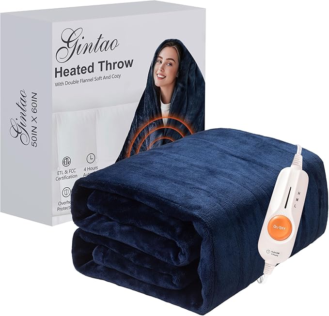 Gintao Electric Heated Blanket Throw,Double Flannel Electric Throw with 3 Heating Levels,ETL&FCC Certified, 4H Auto Off Overheat Protection,Heating Blanket for Home Office,Gifts,50"x60",Blue