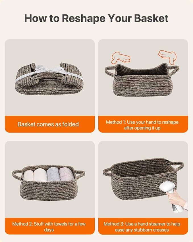 KALLAX Small Woven Basket, 12 x 8 x 4.5 Inches, Small Storage Baskets for Organizing, Gift Baskets Empty, Cute Rope Shelf Closet Storage Bins for Shelves, Dog Toy Basket, 3 Packs, Black & Brown Mixed
