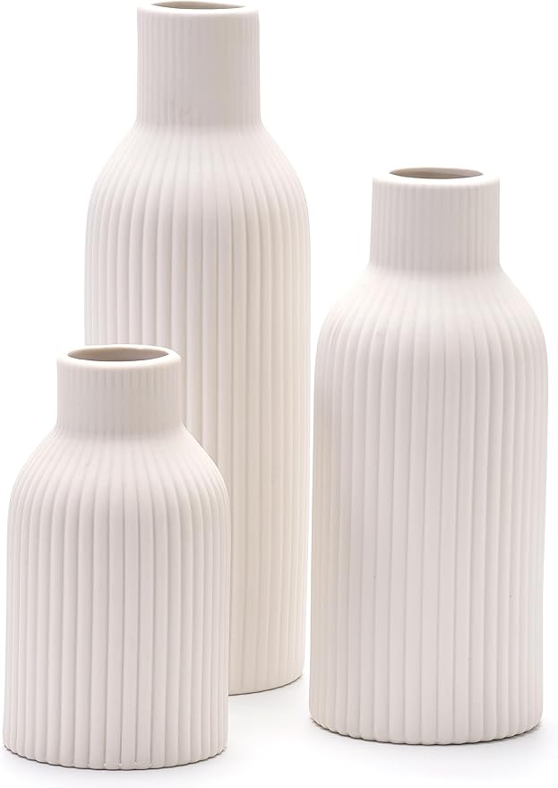 Ceramic Vase Set of 3, Flower Vases for Spring Room Decor, Kitchen Farmhouse, Modern Boho Style(White)