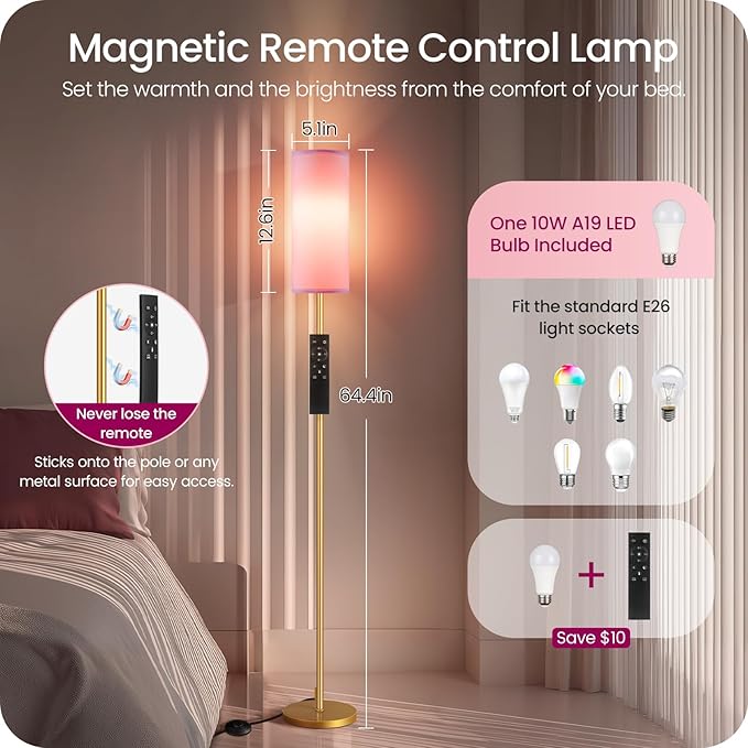 Dimmable Pink Floor Lamp for Living Room with Remote and Foot Switch, Corner Floor Lamp, 66'' Standing Tall Lamp, 10W 900LM Bulb Included, 3000K-6500K, Linen Shade, Gold Pink, FCC Listed DP06LD05W1