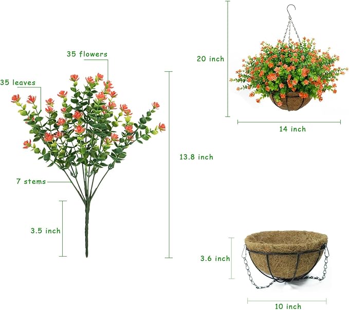 Artificial Hanging Flowers Basket, 12 UV-Resistant Bundles of Realistic Fake Flowers, Faux Plants for Outdoor Decor, Home, Garden, Porch, Patio, Spring & Summer Decorations, Orange