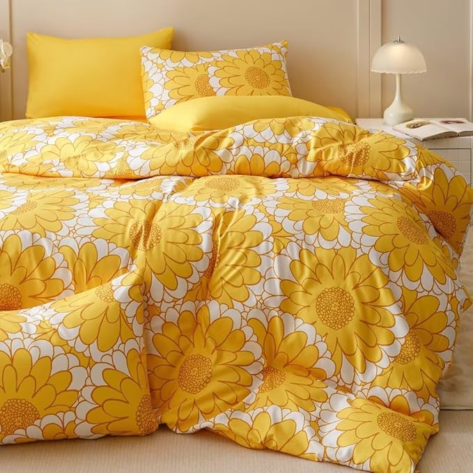 CLOTHKNOW Yellow White Sunflower Twin/Twin XL Comforter Set 3Pcs Floral Bedding Comforter Sets All Season Boho Comforter with 2 x Pillow Cases