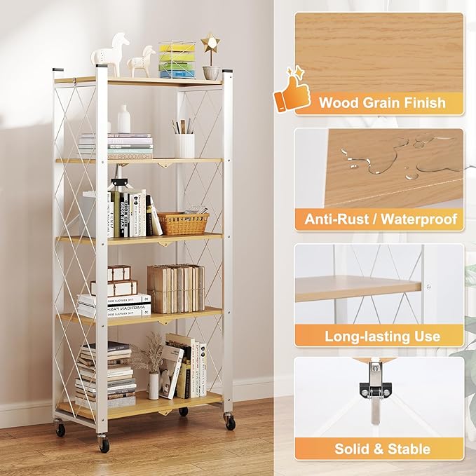 BAOYOUNI 5-Tier Vintage Industrial Bookshelf - No Assembly Folding Storage Shelf with Woodgrain Finish | Collapsible Metal Bookcase for Living Room, Office & Bedroom