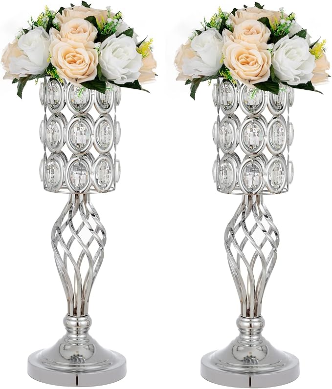 20in Wedding Centerpieces for Tables, 2pcs Silver Metal Diamond Crystal Wedding Flower Stand Centerpiece Vases for Table Decorations Reception Party Home Decor