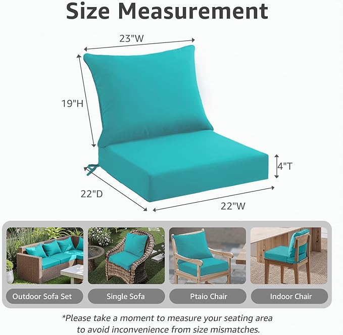 Outdoor Seat Cushion Set 22 x 22 x 4 Inch, Waterproof & Fade Resistant Patio Furniture Cushions with Removable Cover and Ties, Thick Deep Seating Pads for Outside Chair Sofa Couch, Teal