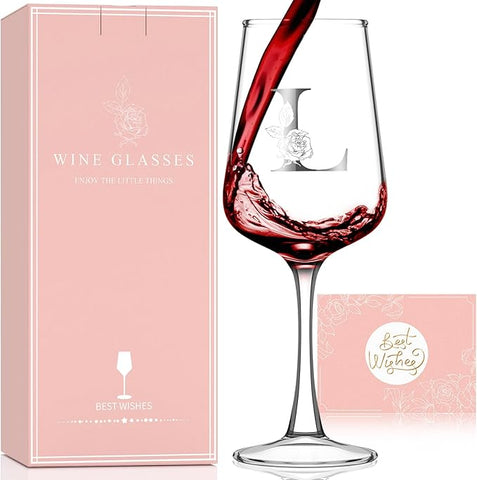 Monogrammed Wine Glass Gifts for Women - Personalized A-Z Wine Glasses with Gift Box & Greeting Card | Custom Mothers day, Anniversary, Birthday Gifts for Her, Mom, Wife, Best Friend, Sister,Woman (L)