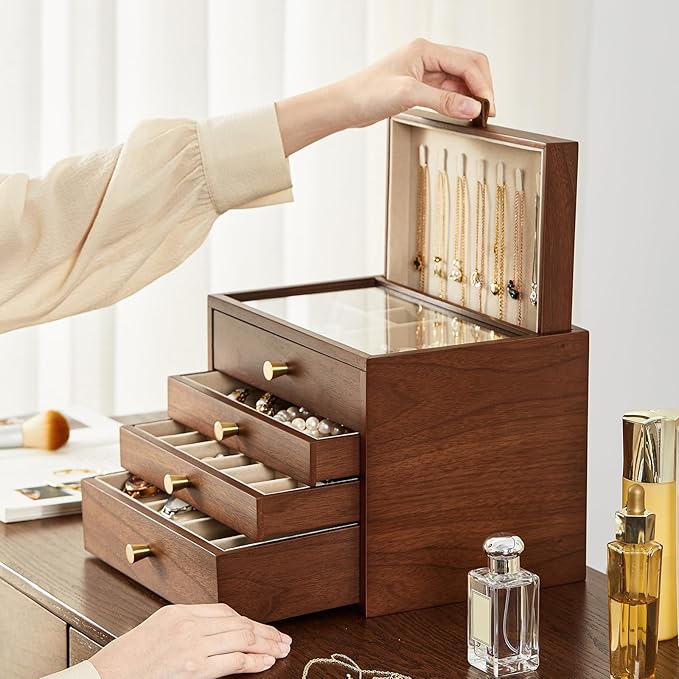 Black Walnut Wooden Jewelry Box for Women 4 Layer with Glass Lid and Pull-out Necklace Storage Layer Watch Necklace Ring Earring Storage,Gifts
