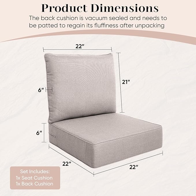Luxury Outdoor Seat Cushion Set-22 x 22 x 6 Inch Outdoor Chair Cushions with Water Resistant & Removable Cover Outdoor Cushions for Patio Furniture Chair Sofa Couch-Beige