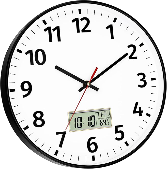 Foxtop Digital Wall Clock with Time, Day of Week and Temperature, Silent Non-Ticking Battery Operated Round Digital and Analog Wall Clock for Classroom Office Bedroom Home School (12 Inch, Black)