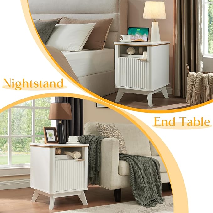 QUW Fluted Nightstand with Charging Station, Bedside Table with Open Storage and Cabinet, 18" Modern Side Table, End Table for Bedroom, Living Room, White