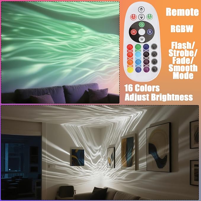 LED Ocean Wave Light Bar Pro, 16 Color Water Ripple Projector Wall Lamp with Remote, Light Up 20x20ft Night Lights, Mood Lighting for Bedroom, Home & Parties Decor