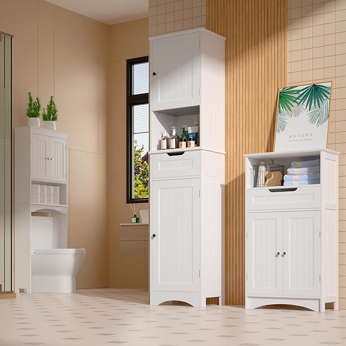 Gizoon 67" H Tall Bathroom Cabinet, Storage Cabinet with 2 Doors & Drawer, Narrow Linen Tower Freestanding Adjustable Shelves for Home, Kitchen, Versatile, Anti-Tipping, White