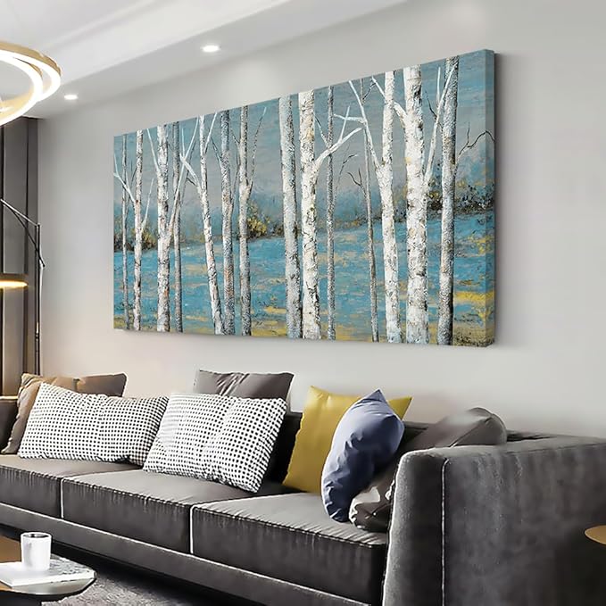 Country Birch Woods Wall Art for Living Room Office Navy Blue Forest Canvas Painting Prints Rustic Artwork Dining Room Bedroom Decor (20x40 Inches)