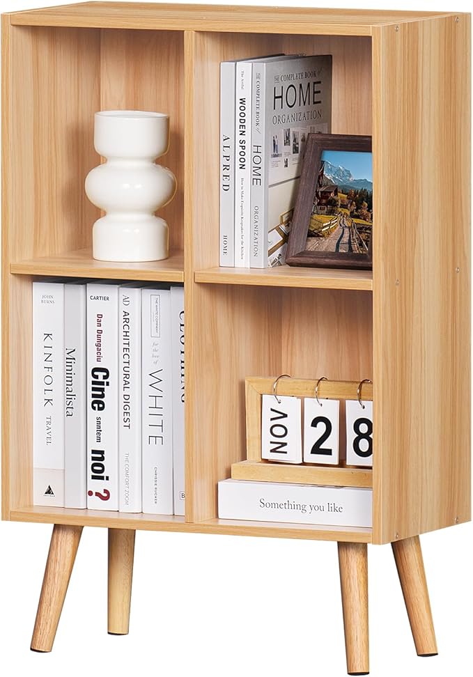 LEYAOYAO 4 Cube Bookshelf, 2-Tier Bookcase with Legs, Natural Kids Book Shelf Cute Storage Organizer, Free Standing Open Toy Shelves Modern Bookshelves,Wood Display Bookcases for Bedroom,Living Room