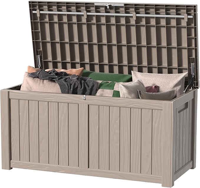 120 Gallon Deck Box,Resin Outdoor Storage Box with Lockable for Patio Furniture, Pool Toys, Garden Tools Waterproof Outside Storage Box (Grey)