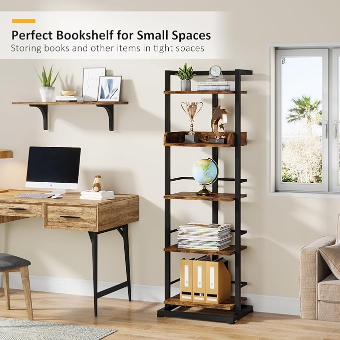 Hosfais Book Shelf Narrow Bookshelf: 5 Tier Wood Bookcase with Metal Edge Protection Industrial Modern Bookshelf Book Storage Organizer for Living Room Bedroom Home Office (Rustic Brown)