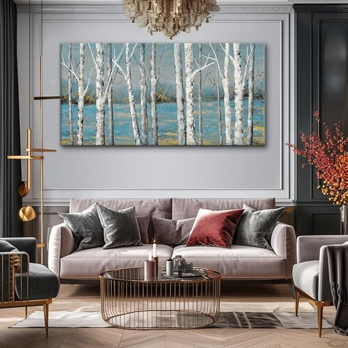Country Birch Woods Wall Art for Living Room Office Navy Blue Forest Canvas Painting Prints Rustic Artwork Dining Room Bedroom Decor (20x40 Inches)