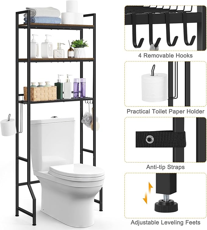 smusei Over The Toilet Storage Shelf, 3 Tier Bathroom Organizer Over The Toilet with Hooks and Toilet Paper Holder Freestanding Wooden Above Toilet Storage Cabinet Rack, Rustic Brown