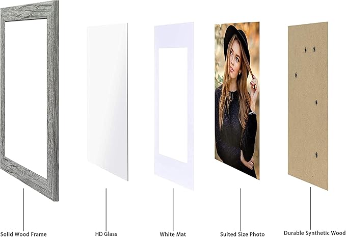 5x7 Picture Frame Set of 2, Made of Real Glass and Rustic Grey Wooden Frame - Display Pictures 4x6 with Mat or 5x7 Without Mat, 5 by 7 Photo Frame for Wall or Tabletop Display