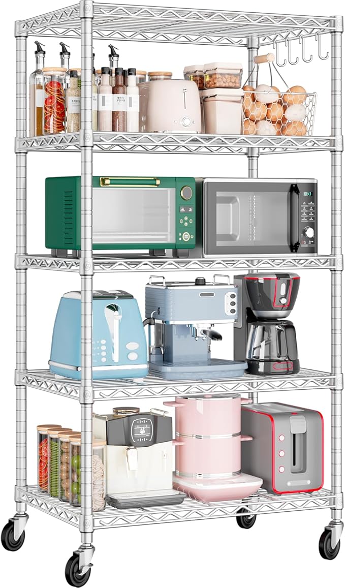 PrimeZone 75" H Wire Shelving 5 Tier Slim Steel Storage Metal Shelves with Wheels,Adjustable Kitchen Utility Shelving Unit,Pantry Rack Rolling Metal Shelf Chrome 24" Wx18 Dx75 H