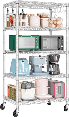 PrimeZone 75" H Wire Shelving 5 Tier Slim Steel Storage Metal Shelves with Wheels,Adjustable Kitchen Utility Shelving Unit,Pantry Rack Rolling Metal Shelf Chrome 24" Wx18 Dx75 H