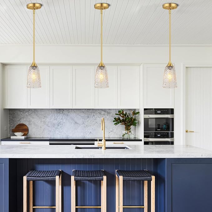 Glass Pendant Lights Kitchen Island, 1-Light Brushed Gold Pendant Light Fixtures with Hammered Glass and Rods, Modern Farmhouse Mini Hanging Light for Kitchen Sink Dining Room Bedroom, E26