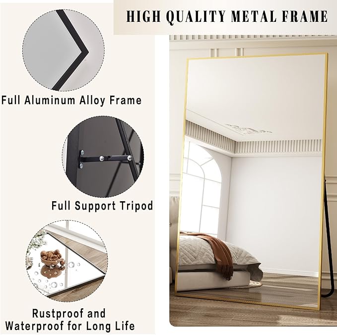 BEAUTYPEAK 77"x38" Rectangle Full Body Floor Mirrors, Full Length Mirror Hanging or Leaning, Aluminum Alloy Frame Wall Mirror for Bedroom, Dressing Room, Gold