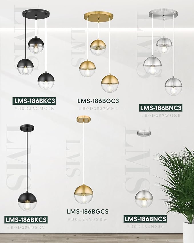 LMS Modern Brushed Nickel 3-Light Cluster Pendant Lights, Mid Century Pendant Lighting with Clear Globe Glass Shade, Adjustable Hanging Cord Ceiling Light for Bathroom Dining Room, LMS-186BNC3