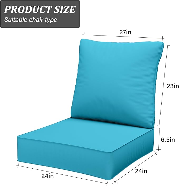Outdoor Seat Cushion Set 24 x 24 x6.5 Inch Splash-Proof & Fade Resistant Patio Furniture Cushions with Removable Cover Deep Seat & Back Cushion with Straps for Chair Sofa Couch