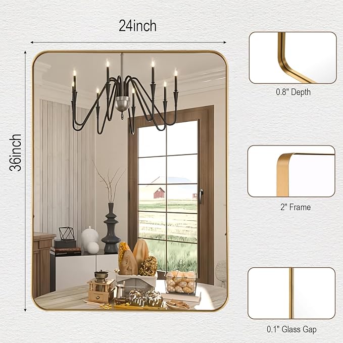 24x36 Inch Rectangle Bathroom Mirror, Brushed Gold Vanity Mirrors for Wall, Metal Frame Wall Mirror, Mirror with Round Corner for Bedrooms, Entryways, Living Rooms, Horizontal/Vertical