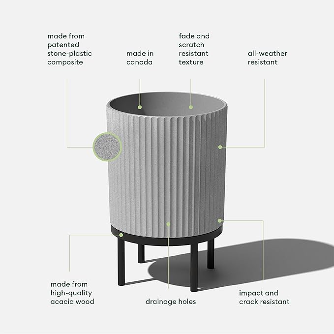 Veradek Demi Series Round Planter w/ Stand for Porch/Patio | Durable Plastic-Concrete & Wooden Stand | Modern Décor for Tall Plants, Flowers
