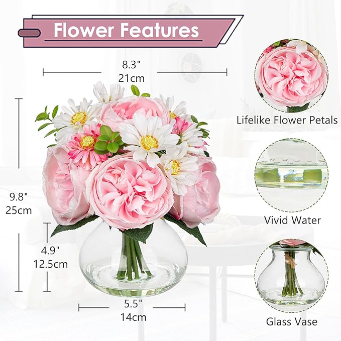 Hollyone Pink Roses Peonies Mums Artificial Flower Arrangement in Glass Vase White Silk Peony David Austin Rose Little Daisy Mixed Faux Flowers with Faux Water with Vase Fake Floral Bouquet Home Decor