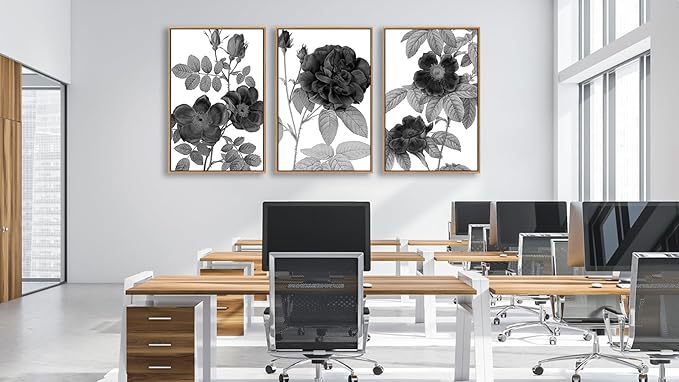 Large Framed Canvas Wall Art - Natural Float Framed Black Gray Flowers Pictures Decor Simple Blossom Leaves Botanical Artwork for Living Room Bedroom Kitchen Home Office Decoration 48" X 24" Set of 3