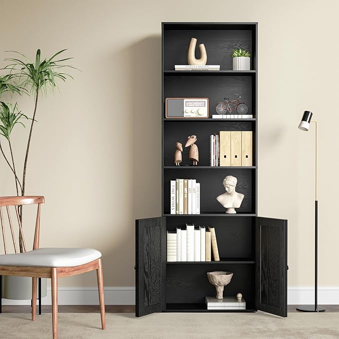 Tall Wooden Bookshelf with Cabinet and Doors,Vintage Black Bookcase for Bedroom, Living Room, or Home Office Storage, 6 Shelves for Heavy Books & Organization