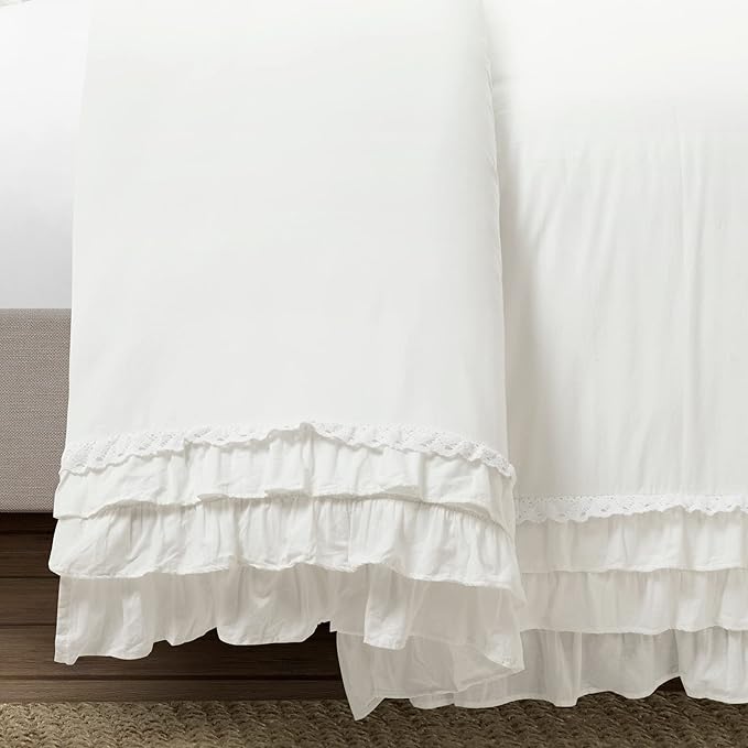 Lush Decor Ella Ruffle Lace 100% Cotton Duvet Cover, 3 Piece Set, Full/Queen, White - Cute Comforter - Queen Bedding Set - White Bedding Full Size - Coquette Decor - Neutral Lace Trim - Ruffle Trim