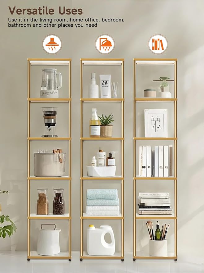 MANBUR Display Shelf with Dimmable LED Floor Lamp, Display Cabinet with Glass Bookcase, Home Decor, Bedroom Decor, Bookshelf with Light, Open Book Shelf with 6-Tier Shelf for Living Room Decor Gold