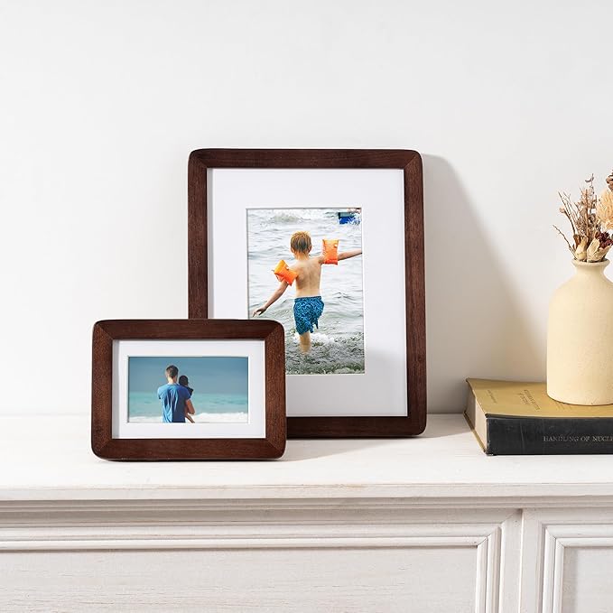 4x6 Picture Frame - Solid Walnut Wood Frame 4x6 with Mat for 3.5x5, 4''x6''Photo Frame,Tabletop and Wall Display, Hanging Hardware Included, 4 By 6 Picture Frame Wood, Natural Walnut