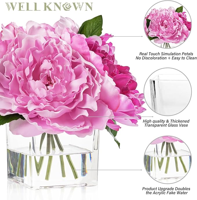 Artificial Peonies Flowers Arrangements in Cube Glass Vase, WELLKNOWN Silk Flower Centerpieces for Dining Room Table, Coffee Table Decor, Faux Peony Flowers with Faux Water (Bicolor Purple)